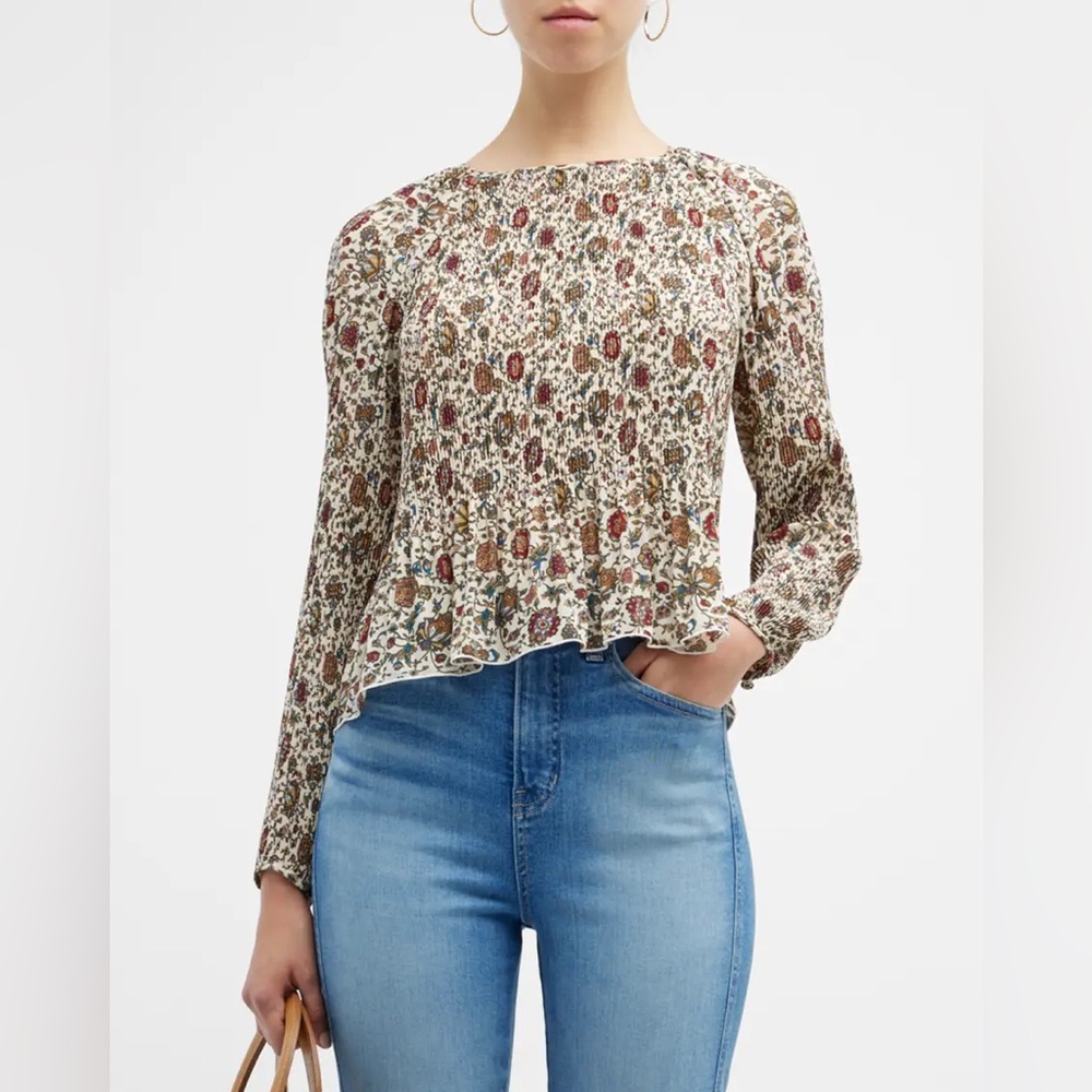 Veronica Beard Lewin Floral Peplum Top Cream Ribbed Smocked Blouse Size S